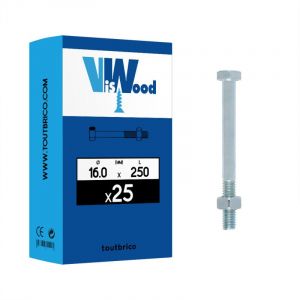 Viswood - 25 boulons de charpente t&ecirc;te hexa 16x250mm zingu&eacute;
