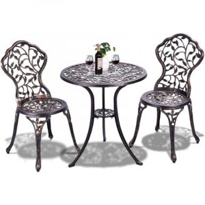 Ensemble Table Rond & 2 Chaise de jardin en Métal ,Bistrot pour Jardin de 3 Pièces en Fonte Aluminium,Dia. Table 60 x 60 x 65 cm (Feuille en Bronze)