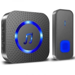 Sonnette sans Fil, 400M Sonnette de Porte IP55 &Eacute;tanche Carillon Electronique, 55 M&eacute;lodies au 5 Niveaux Volumes, LED Bleu Noir