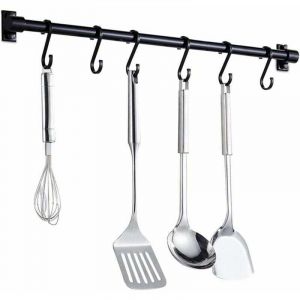 Barre Murale Cuisine Ustensiles 40CM Barre &Eacute;tag&egrave;re de Cuisine avec 6 Crochets Amovibles, Murale pour Ustensiles de Cuisine(Noir)