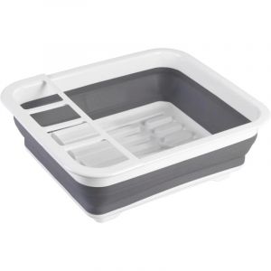 Egouttoir vaisselle pliable, &eacute;gouttoir &agrave; vaisselle plastique, porte-couverts et support assiettes, plastique, 36,5x13x31 cm, blanc - gris
