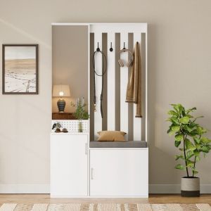 Ensemble de Vestiaire 6 en 1,avec Miroir,Meuble d'Entr&eacute;e avec banc et &eacute;tag&egrave;re &agrave; chaussures,porte-manteau avec 4 crochets suspendus,Garde-Robe