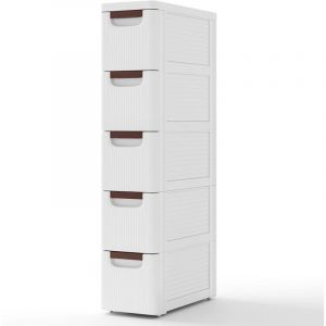 Petite Commode &Eacute;troite, Meuble Rangement 3 Tiroirs en Plastique, Commode Salle de Bain &agrave; Roulette, Petite Armoire,42x19x91 cm (5 &Eacute;tages)