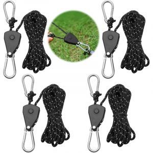 4 Pi&egrave;ces Corde &agrave; Cliquet vec Crochets, 4 M Cliquet de Poulie &agrave; Corde R&eacute;glable 4mm Rope Ratchet pour Les luminaires, Les Lampes pour Tente Randonn&eacute;e