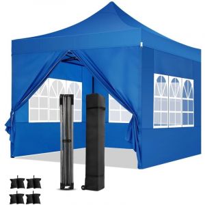 3x3m Tonnelle pliante de jardin Renforcée Imperméable - Tissu Oxford 300D - Barnum pliable avec 4 parois latérales - sac de transport à roulette