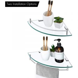 &Eacute;tag&egrave;re d'angle en Verre &Eacute;tag&egrave;re Salle de Bain Douche Tablette Murale &Eacute;tag&egrave;re en Verre Tremp&eacute; avec Porte Serviette 2 Pi&egrave;ces Acier Inoxydable Poli