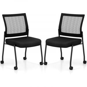 COSTWAY Lot de 2 Chaises de Salles de Réunion Empilables, Chaises de Bureau en Maille avec roulettes, Fauteuil de Réception Rembourré pour Bureau,