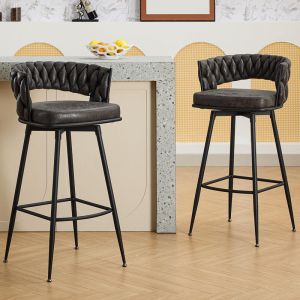 Dyhome - Tabouret de bar, set de 2, avec dossier et repose-pieds tressés, tabouret de bar pivotant, simili cuir pu, hauteur d'assise 79 cm, pour