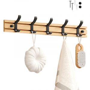 Porte Manteau Bambou Mural, Patères 5 Crochets pour Suspendre Vêtements, Peignoirs, Serviettes, Manteaux Crochet Mural pour Entrée, Chambre, Salle de