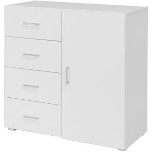 Commode blanche 4 tiroirs &ndash; Dimensions 90x41x87 H cm &ndash; MDF 15 mm avec poign&eacute;es et pieds argent&eacute;s &ndash; Pour usage int&eacute;rieur &ndash; King Home