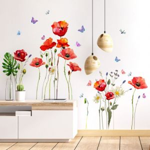 Stickers Muraux Coquelicots Autocollants Muraux Mural Stickers Fleur de Jardin Papillon pour Fille Chambre Salon B&eacute;b&eacute; P&eacute;pini&egrave;re,3060cm