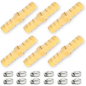 Largeight - 6 pièces 6mm connecteur cannelé en Laiton, raccord de Tuyau Droit 2 Voies avec 12 Pince