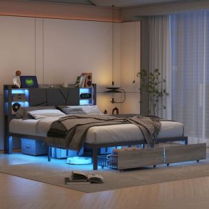 Lit 140x200cm avec 2 tiroirs, t&ecirc;te de lit avec &eacute;clairage LED et port de recharge UBS, cadre de lit en fer, sommier &agrave; lattes, lit adulte, Moderne