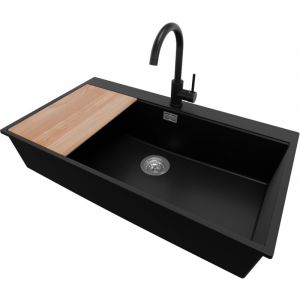 Primagran - Evier Cuisine en Granit 88x50cm, Lavabo 1 bac + Robinet 32x20cm + Kit de Vidage + Planche &agrave; D&eacute;couper, &Eacute;vier &agrave; Encastrer au meuble 90cm