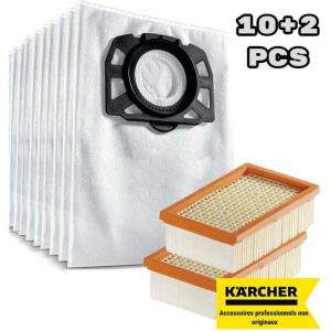 Convient pour K&auml;rcher WD 4, WD 5, WD 6, WD 4290 / 5200 M / 5300 M / 5600 MP Sac filtre &agrave; peluches + filtre plat pliss&eacute; (pack de 10+2)