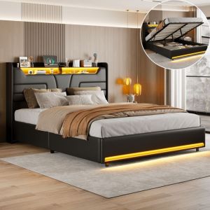 Lit coffre double 140x200,avec sommier &agrave; lattes,cadre de lit,rangement de chevet,bande lumineuse LED,port de charge USB,PU,noir