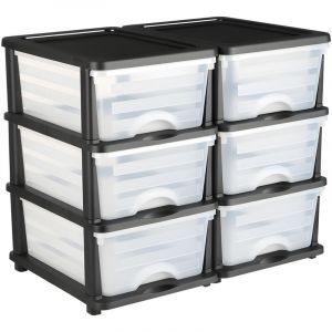 Mophorn Tiroirs de rangement en plastique, lot de 2, tour &agrave; 6 tiroirs, organiseur &agrave; 3 niveaux avec bacs transparents pour fournitures de bureau,