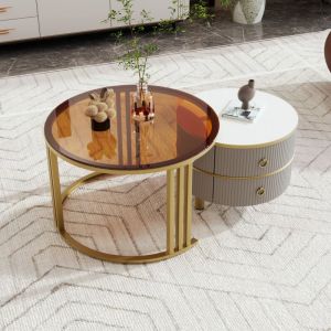 Hauss Spole - Table basse gigogne ronde 70x70x45 + 50x50x40 cm avec 1 plateau en verre trempé marron et 2 tiroirs, gris