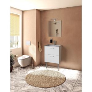 Meuble de salle de bain Mahor&eacute; caisson ch&ecirc;ne dor&eacute; 40 cm. vasque c&eacute;ramique. miroir. applique LED. pied chrom&eacute; - VITRA FRANCE