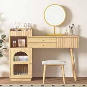 Coiffeuse 120x90x40cm, Coiffeuse avec Miroir led 3 Couleurs Luminosité Réglable, avec 3 tiroirs en bois - Naturelle (sans tabouret)