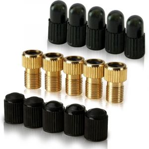 NOLUXA Adaptateur pour valve Presta en laiton (lot de 5 + 10 bouchons) - Convertissez Presta en Schrader pour les vélos, e-bikes, et e-scooters