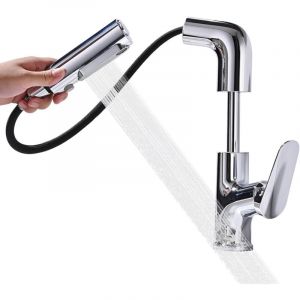 Mitigeur de Lavabo avec Douchette Extractible, Robinet Lavabo R&eacute;glable en Hauteur, Mitigeur Salle de Bain Pivotant &agrave; 360&deg; avec 3 Jets, Robinetterie