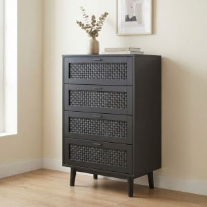 Commode &agrave; 4 Tiroirs 55x40x95cm, Chiffonnier de Rangement avec Effet Rotin Tress&eacute;, Buffet Haut Meuble de Rangement pour Salon Chambre et Cuisine,