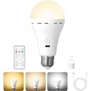 Lot de 1 Ampoule LED rechargeable E27 3W, t&eacute;l&eacute;commande & tactile, 3 couleurs variateur, USB, lampe d'urgence ext&eacute;rieure sans fil, sans c&acirc;blage