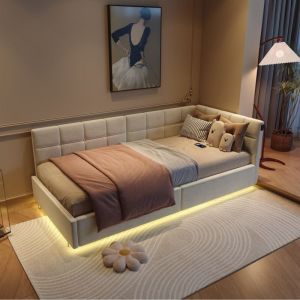 Lit rembourr&eacute; 90&times;200 cm,Canap&eacute;-lit,lit simple pour enfants,avec espace de rangement hydraulique,LED,sommier &agrave; lattes et t&ecirc;te de lit,beige
