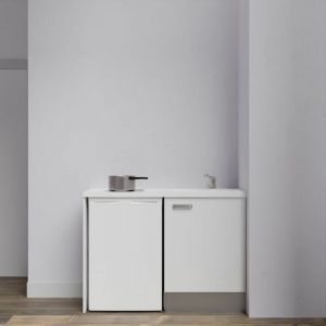 Cuisibane - Kitchenette K08L-PT - 120 cm avec plan de travail et évier - emplacement frigo Façade Blanc - Plan Blanc - Evier Blanc