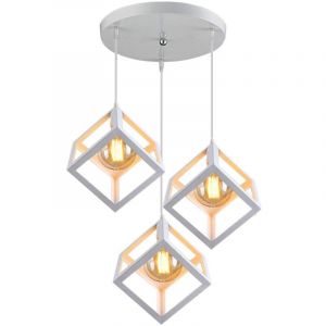 Lustre Suspension led 3 Lampe Cube Carr&eacute; en M&eacute;tal Luminaire Design Industrielle Eclairage Plafond Lumiaire Salon Cuisine Couloir Blanc
