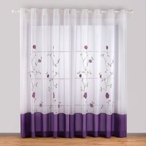 140 x 245 cm,2 Panneaux Violet Voile Rideaux Panneau Semi Transparent Voilage Fen&ecirc;tre Voilage Rideaux Floral Brod&eacute; Drap&eacute; avec &OElig;illet pour Salon