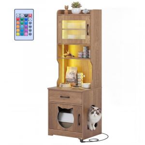 enceinte bac &agrave; liti&egrave;re chat &eacute;tag&egrave;res de rangement meuble toilette cach&eacute;e station de charge lumi&egrave;re LED bois grande priv&eacute;e rustique ferme coin biblio
