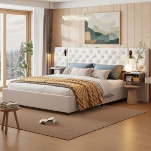 Lit coffre 160x200, lit double avec &eacute;clairage LED & ports USB/Type-C, lit adulte, t&ecirc;te de lit avec rangement, chevets suspendus effet bois, velours,