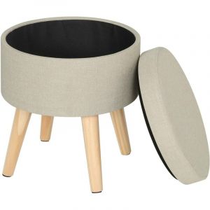 Tabouret Rond Pouf Coffre de Rangement Repose-Pieds, siège en Lin Pieds en Bois Massif, Crème Blanc - Woltu