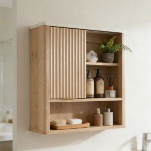 Armoire Murale de Salle de Bain Style Flut&eacute; avec Porte Coulissante, Armoire M&eacute;dicale Moderne avec Plateau Faux Marbre & &Eacute;tag&egrave;re R&eacute;glable, Profil