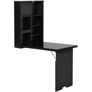 Bureau Mural Pliable Table Murale Rabattable Suspendue sur Pied &eacute;tag&egrave;re + Tableau &agrave; Craie int&eacute;gr&eacute; MDF Noir