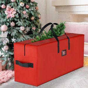 Sac de rangement extra large pour sapin de No&euml;l, bo&icirc;te de rangement en tissu Oxford avec poign&eacute;es et fermeture &eacute;clair, rouge, 122 x 38 x 51 cm