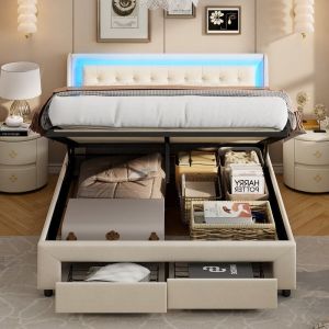 Lit coffre 140x190, lit 140x190 avec sommier,lit adulte 180x200 avec 2 tiroirs, lit double capitonné, LED, velours, beige