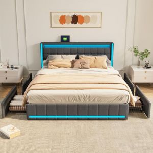 Lit adulte double 160x200 cm, avec 4 tiroirs, sommier &agrave; lattes, &eacute;clairage LED RGB, ports USB et Type-C, lin capitonn&eacute;, style scandinave - Gris