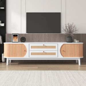 Pergar - Meuble tv 170 cm, en bois naturel, avec tiroirs et porte coulissante, rangement, c&ocirc;t&eacute;s en rotin, style naturel, mdf, blanc et bois clair,