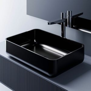 Bernstein - Vasque moderne Lavabo en fonte, Lave main &agrave; poser avec cache - 54x36x13cm - PB2001 Noir brillant, Avec Lunette suppl&eacute;mentaire noire