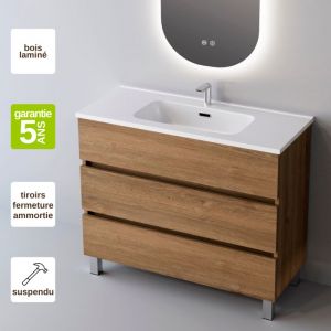 Meuble de salle de bain plan vasque C&eacute;ramique, 3 Tiroirs,l100xh90xp45, Ch&ecirc;ne Naturel, atrani