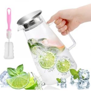 Carafe en Verre, 1.8L Carafe D'eau avec Couvercle et Anse Filtration Fine Cruche A Eau, pour Eau Chaude, Le Th&eacute; Glac&eacute;, Jus, Caf&eacute;, Lait, Vin