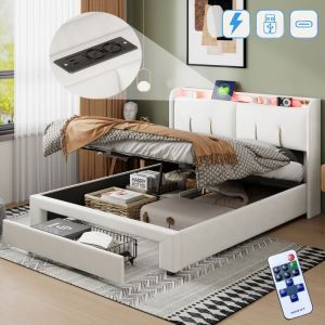 Lit coffre 140x200 cm, 2 places, avec led, tiroirs, usb-a/c charge, rangement, sommier à lattes en bois, cadre en métal, lit capitonné en velours