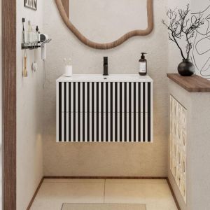UEV - Meuble Salle de Bain 80cm, Meuble Suspendu avec Lavabo en Céramique, Deux Tiroirs avec Grand Espace de Rangement, Poignée Cachée, Motif de