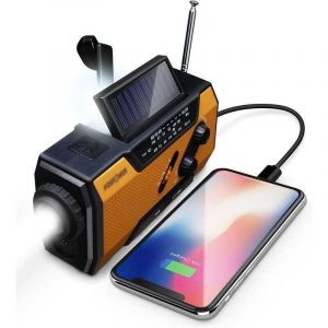 Radio d'urgence M&eacute;t&eacute;o 2000mAh (mod&egrave;le A1) solaire/manivelle/&agrave; piles chargeur de batterie portable avec AM/FM, Lampe de Poche LED, Alarme SOS pour la