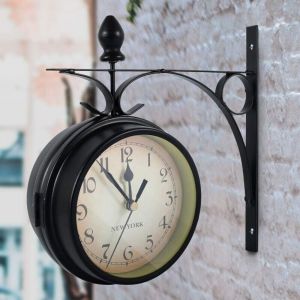 Horloge murale double face, horloge de jardin r&eacute;tro europ&eacute;enne avec double surface en verre, horloge de d&eacute;coration vintage suspendue avec support,