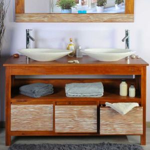 Saniteck - Ensemble meuble vasque salle de bain 140 cm en teck avec miroir et accessoires Taille - Meuble+miroir+vasques+colonne+panière