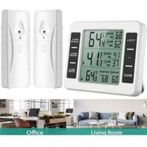 Thermomètre Frigo, Thermometre Réfrigérateur avec Alarme Congélateur, Thermomètre Intérieur Extérieur Sans Fil avec 2 Capteurs, MIN/MAX et Alarme
